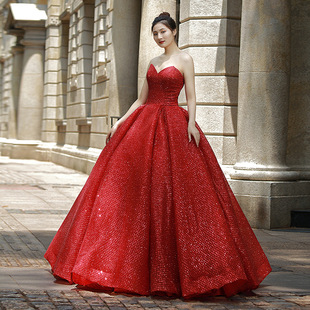 蓬蓬裙2024欧美新娘一字肩红色，宫廷齐地婚纱，礼服女ebay速卖通