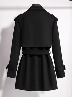 丝柏舍黑色长袖收腰大衣2023冬装女装时尚修身显瘦休闲外套