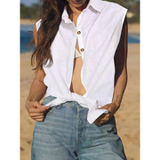 ebay2024亚马逊夏季棉麻风，无袖翻领女士，衬衫纯色单排扣衬衣