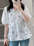 韩版宽松短袖刺绣白色衬衫女2023夏季收腰显瘦上衣气质减龄娃娃衫