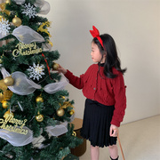 TOTObaby女童圣诞新年装手钩球麻花针织开衫冬季宝宝洋气红色毛衣