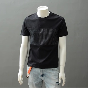 欧货高端短袖t恤男士夏季圆领设计感潮流拼接纯色半袖打底衫