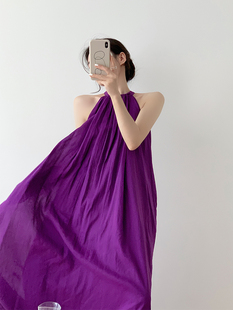 紫罗兰苎麻无袖挂脖连衣裙女夏季设计感气质，宽松海边拍照度假长裙