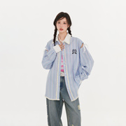 fpmz绑带蝴蝶结镂空毛边条纹衬衫，学院风刺绣徽章，宽松百搭长外套