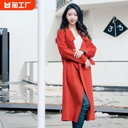 红色双面羊绒大衣女2024复古赫本风韩版高端中长款毛呢外套