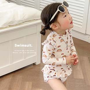 丹麦女童泳衣ins儿童连体，长袖防晒游泳衣中小童宝宝婴儿女孩泳装