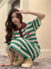 大码女装韩版时尚撞色POLO领T恤裙夏季复古条纹中长款连衣裙