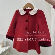 韩版冬装女童呢大衣宝宝洋气红色毛呢外套儿童双面羊绒大衣拜年服