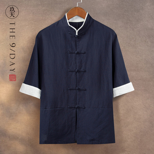 夏季中国风唐装中袖亚麻衬衫，中式男装棉麻短袖，上衣高端茶服商务