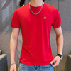 大红色圆领短袖t恤男夏季刺绣小蜜蜂半截袖冰丝，透气青年薄款体恤