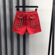 红色高腰牛仔短裤，女2024年夏季钉珠设计炸街a字阔腿五分裤潮