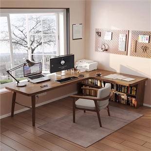 实木转角电脑桌原木双人书桌书架一体家用拐角长条桌工作台写字桌