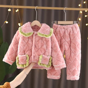 冬季儿童睡衣法兰绒三层加厚夹棉套装女童珊瑚绒长毛绒保暖家居服