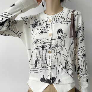 秋季精纺超薄微透羊毛针织开衫，女小众设计感羊绒涂鸦毛衣外套