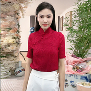 中国风立领短袖简约百搭休闲舒适女纯色针织短袖T恤上衣SY032206