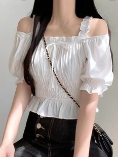 韩国chic夏季法式小众设计感一字领露肩褶皱泡泡袖短款衬衫上衣女