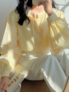 奶黄色长袖衬衫女2024年春秋chic法式宫廷风上衣设计感灯笼袖衬衣
