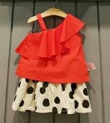 韩国中小童装 夏女童宝宝红色花边吊带T恤 无袖背心波点半身裙