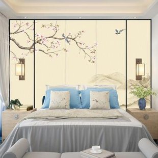新中式硬包电视背景墙花鸟客厅沙发轻奢壁画卧室软包床头布料山水