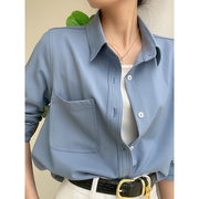 韩系蓝色衬衫女春秋长袖，polo领衬衣，女装设计感小众上衣