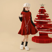 女童秋冬红色连衣裙2023潮流，爱心亮片套装长袖，上衣儿童背心裙