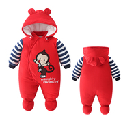 新生婴儿连体衣冬季加厚男宝宝秋冬装，外套装0岁1红色满月棉衣
