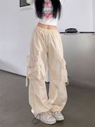 美式复古白色工装裤女秋季薄款多巴胺风格，裤子嘻哈欧美街头直筒裤