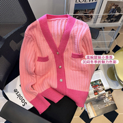 商场品牌捡漏女装!玫，粉色针织长袖女秋季设计感小众短款开衫上衣