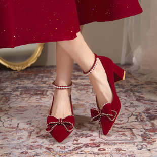 秀恋歌红色婚鞋秀禾服两穿高跟鞋子，新娘鞋孕妇粗跟中式礼服鞋