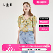 line韩国女装秋季女士，格子衬衣修身荷叶领衬衫awbllg0100