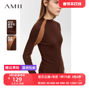 Amii拼接撞色毛衣女2023冬季保暖修身打底衫半高领绵羊毛上衣