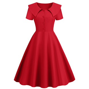 通勤甜美娃娃领红色单排扣夏季修身A字大摆短袖连衣裙礼服裙DRESS