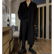 黑色风衣男士韩版流行长款，过膝休闲系带大衣，秋冬宽松帅气外套