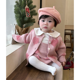 婴儿衣服套装春秋针织毛线外套+背带连体哈衣女宝宝洋气两件套春