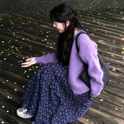 森系复古藏蓝色碎花半身裙女早春款磨毛高腰a字蛋糕拼接中长伞裙