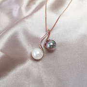 双色珍珠拼接多层吊坠复古法式时尚锁骨链女小众设计项链