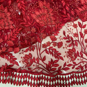 进口立体网纱绣花红色蕾丝，连衣裙礼服面料重工品牌刺绣蕾丝布料