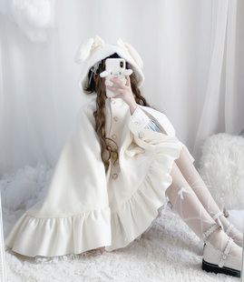 原创软妹兔耳朵加厚加绒斗篷秋冬甜美保暖白色连帽Lolita斗篷