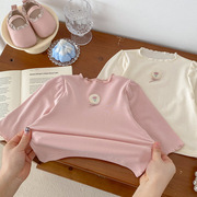 新生儿上衣女婴童春秋长袖，糖果色韩版套头衣服，双色花朵标打底衫