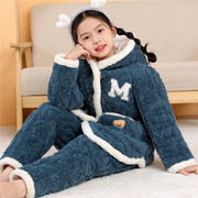 女童睡衣冬天加厚款儿童家居服套装法兰绒三层夹棉袄宝宝睡衣亲子