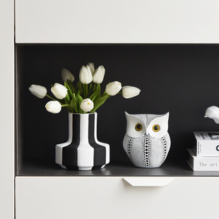 现代个性高级感黑白条纹陶瓷花瓶茶几餐桌装饰品仿真花艺花插摆设