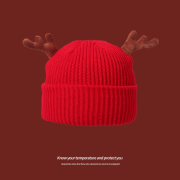 圣诞节帽子2022秋冬新年红色针织帽女鹿角加绒保暖毛线帽学生
