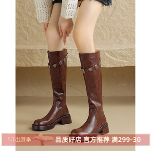 kmeizu铆钉高筒靴女冬骑士靴厚底，粗跟圆头显瘦皮靴气质马靴长筒靴
