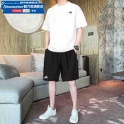 阿迪达斯健身套装男装2024春季运动服圆领白色短袖跑步短裤