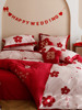浪漫100支双面婚庆长绒棉，四件套印花刺绣结婚大红色被套床上用品