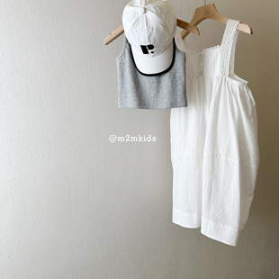 韩版女童夏季韩系INS白色长裙裙子海边 连衣裙灰背心两件套