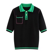 夏季套头小众短袖t恤韩版polo领冰丝薄款级感小众撞色针织衫女.