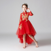 儿童礼服公主裙超仙女童红色长袖加厚中式花童小主持人演出服表演