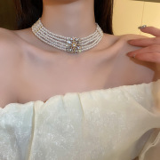 镶钻多层珍珠锁骨链女复古气质宴会礼服短款项链，夸张设计感颈链