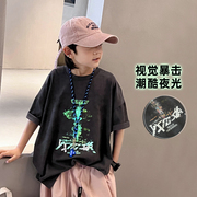 男童短袖T恤夏季儿童潮牌反光炫彩半袖t韩版中大童圆领上衣打底衫
